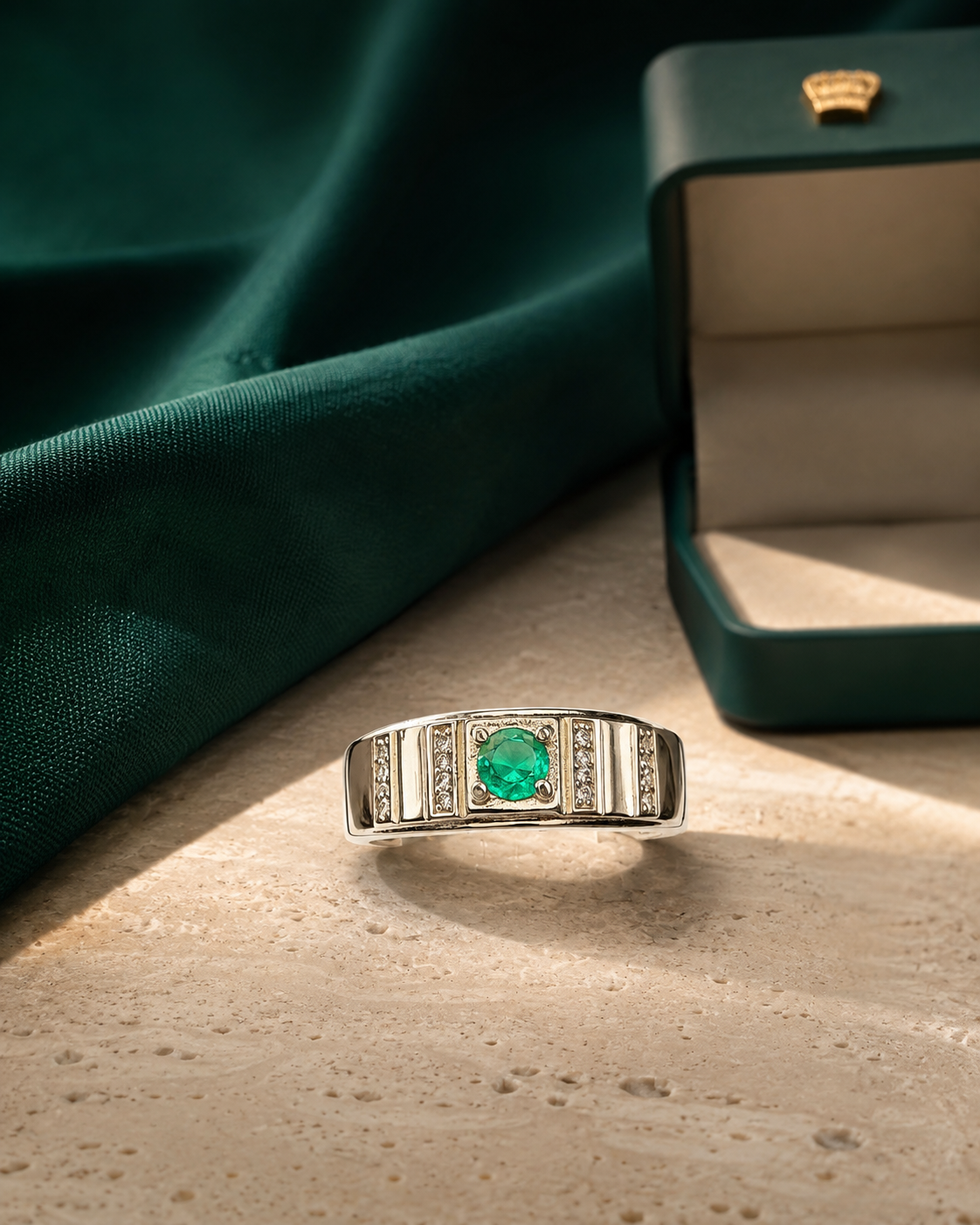 Anillo Ébano — Plata Italiana y Esmeralda Colombiana