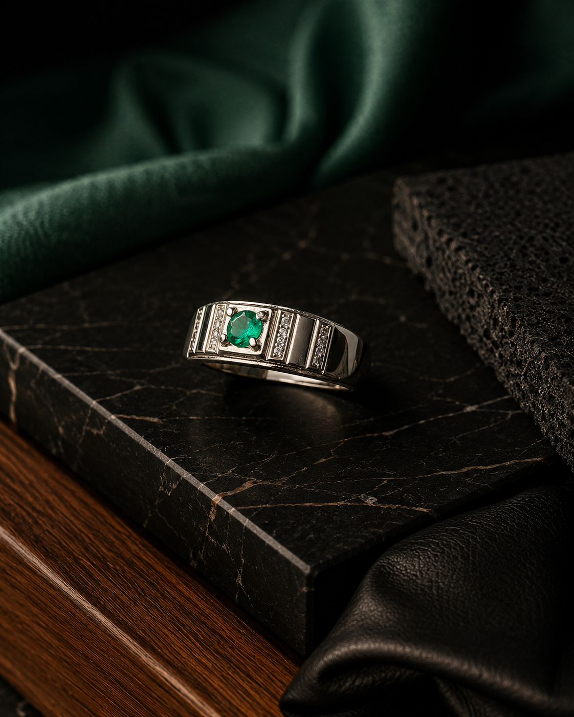 Anillo Ébano — Plata Italiana y Esmeralda Colombiana