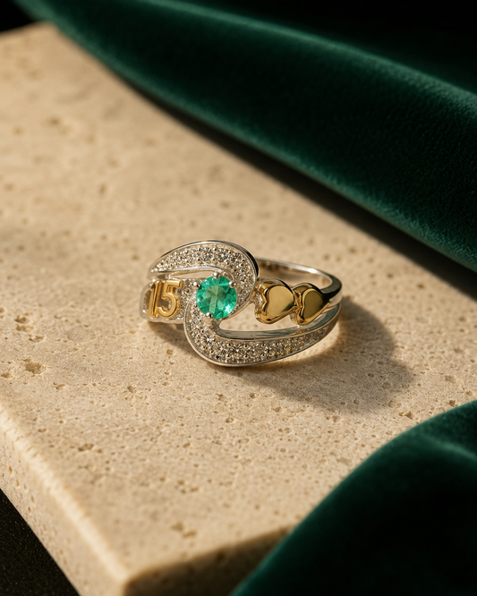 Anillo Oro y Argent con Esmeralda Colombiana - 15 Años Colección Aurora