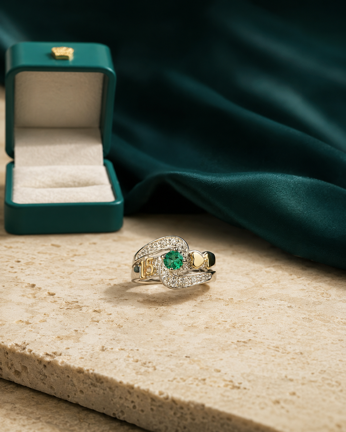 Anillo Oro y Argent con Esmeralda Colombiana - 15 Años Colección Aurora