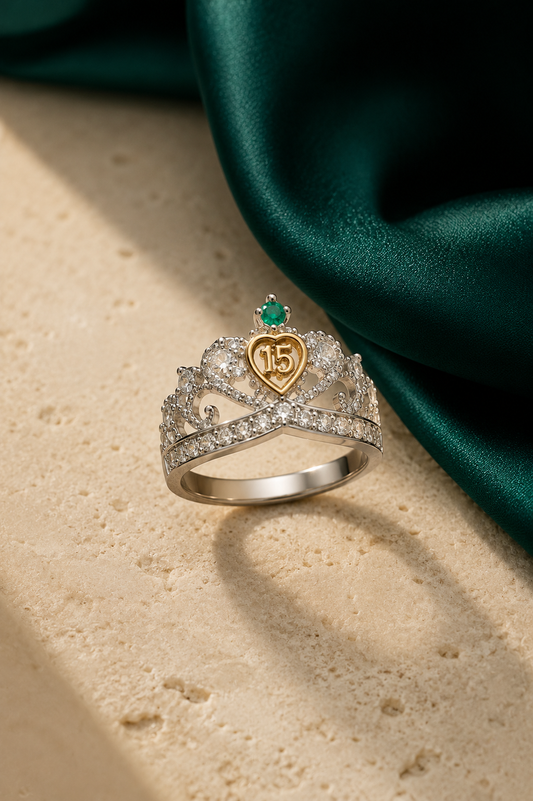 Anillo Oro y Argent con Esmeralda Colombiana - 15 Años Colección Perle