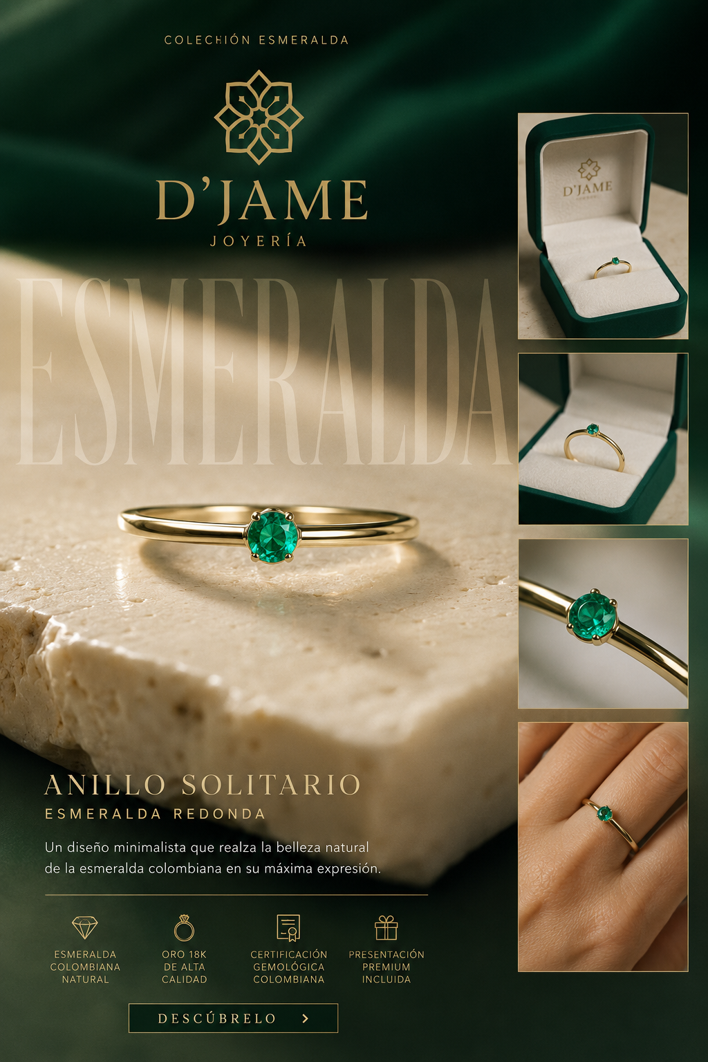 Anillo Solitario Oro 18K Esmeralda Natural Colombiana -Clásico